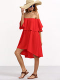 Romwe Women's Off The Shoulder Ruffle Casual Loose Shift Dress red L