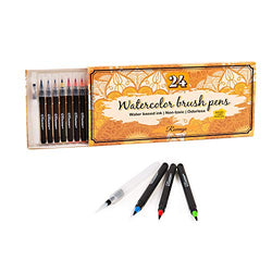 Watercolor Brush Pen Set by Rovenga | 24 Watercolor Markers with Nylon Brush Tips for Painting,