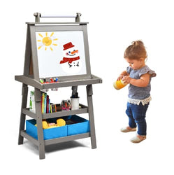 MAT Expert Kids Art Easel, 2-Side Child Easel w/Magnetic Whiteboard, Chalkboard & Paper Roll, Storage Easel w/2-Tier Rack & 2 Storage Boxes, 3 in 1 Toddler Art Craft Supply Drawing Easel (Gray)