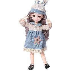 HUMEI 12inch BJD Dolls with Long Blonder Hair, Shirt Set with a hat and Shoes, Having Different Movable Jointed SD Doll Set for Girl as (White Blue)