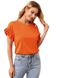 Romwe Women's Short Sleeve Round Neck Contrast Lace Ruffle Trim Cotton Summer Blouse Top Orange L