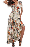 1stvital Women's Floral Maxi Dresses Boho Summer Beach Dress Short Sleeve Button Up Split Party Dress, M