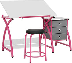 Offex 2 Piece Venus Craft Table with Angle Adjustable Top and 20.5" H Matching Padded Stool, Pink/White - Great for Home, Office, Kids Room and More