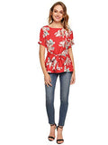 Romwe Women's Floral Print Short Sleeve Self tie Waist Knot Blouse Top Red M