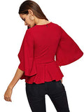 Romwe Women's Split Half Sleeve Zipper Belted Knot Drap Casual Blouse Top Red L