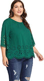 Romwe Women's Plus Size Hollow Out Scallop 3/4 Sleeve Blouse Top Green 3XL