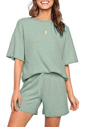 KIRUND 2021 Summer Women’s Solid Pajama Sets Half Sleeves T-shirt Drawstring Waist Belt Shorts with Pockets Pjs Loungewear Sleepwear (Green, Medium)