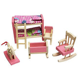 Wooden Dollhouse Furniture Set Including Kitchen Bathroom Bedroom Kid Room for Dollhouse Pink Color
