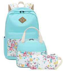 School Backpacks for Teen Girls Bookbags Lightweight Canvas Backpack Schoolbag Set (Turquoise-Flower)