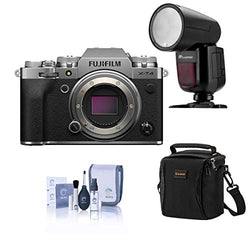 Fujifilm X-T4 Mirrorless Digital Camera Body, Silver - with Flashpoint Zoom Li-on X R2 TTL On-Camera Round Flash Speedlight for Fuji, Shoulder Bag, Cleaning Kit