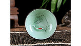 Hand Painted Kungfu Teacup,Chinese Long-quan Celadon Teacup,Fishes and Lotus Pattern,set of 4