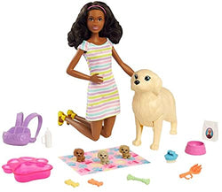 Barbie Doll and Newborn Pups Playset Doll (Brunette, 11.5 in) Mommy Dog with Birthing Feature, 3 Puppies & Nurturing Accessories, Gift for 3 to 7 Year Olds
