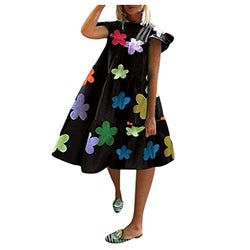 Ulanda-Dresses for Women, Women's Casual Dresses Summer Flowers Bell Sleeve Ruffle Hem Loose Swing Tunic Midi Dress