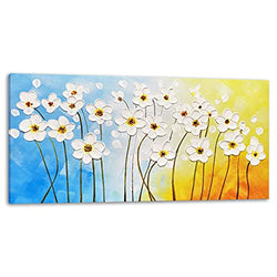 Muzagroo Art Hand Painted Dancing White Flowers Pallet Knife Oil Painting with Raised Texture on Canvas Modern Floral Wall Art for Living Room Bedroom Decorations
