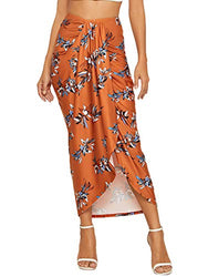 SheIn Women's Floral Slit Wrap Asymmetrical Elastic High Waist Maxi Draped Skirt Orange Floral Small
