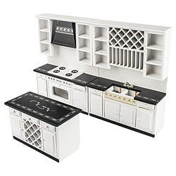 1:12 Scale Mini House Wooden Furniture Miniature Kitchen Cabinet Mini Bar Counter Furniture Set (White and Black)