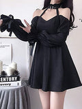 YANHUIG Womans Lolita Dress Ruffle Off-Shoulder Bowknot Halter BlacK Dress (L, Black)