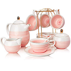SWEEJAR Porcelain Tea Sets,8 oz Cups and Saucer Teaspoon Set of 4, with Teapot Sugar Bowl Cream Pitcher and tea strainer for Tea/Coffee,Afternoon Tea Party (Pink)