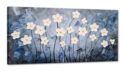 Yihui Arts Blue Canvas Wall Art Hand Painted 3D White Flower Oil Paintings Gallery Wrapped Pictures for Living Room Bedroom Fireplace Decoration
