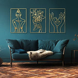 Blueyets 4 Pack Wall Decor, Large Real Metal Minimalist Wall Art, Modern Abstract Female Body Flower Woman Face Lover Single Line Wall Sculptures Set for Home Bedroom Living Room, Gold