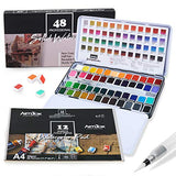 ARTIBOX Watercolor Paint Set, 48 Assorted Vibrant Colors in Half Pans, Professional Watercolor Set with Brush, 12 Watercolor Paper Sheet, Ideal for Artist and Professional Student