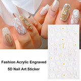 5D Stereoscopic Embossed Nail Art Stickers White Flower Nail Decals Relief Self-Adhesive Butterfly Nail Stickers Nail Art Supplies Nail Designs for Women DIY Acrylic Nail Decorations (3 Sheets)