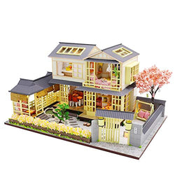 WYD Japanese Style Assembled Model Cherry Blossom Cottage DIY Toy House Dollhouse LED Lamp Gift Adult Puzzle Home Decoration Kit Miniature Scene Building Villa