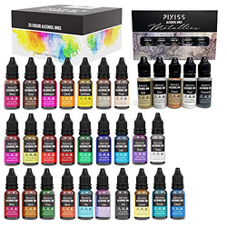 Pixiss 25 Pack Large Alcohol Inks 0.5oz Bottles and Pixiss Metallic Alcohol Inks (Pearl, Gold, Silver, Gunmetal, Copper)