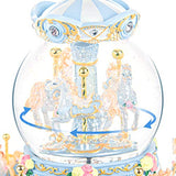 Carousel Snow Globe Music Box - 8 Horse Blue Snowglobe Anniversary Christmas Birthday Gift for Wife Daughter Girlfriend Girl Wind Up Clockwork Musical Box with Led Light Melody You are My Sunshine ¡­