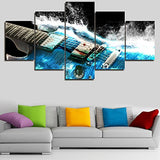 5 Pieces Oil Painting Artistic Blue Guitar Water Waves Music Painting Pictures Prints On Canvas Home Kitchen Hall Wall Art Decoration Hanging Framed by Art Gallery-wrapped Ready to Hang(60''Wx32''H)