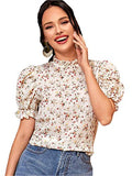 Romwe Women's Elegant Floral Ruffle Puff Short Sleeve Mock Neck Blouse Tops White#4 Small