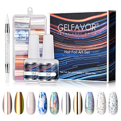 Gelfavor Nail Art Foil Glue Gel with Starry Sky Star Nail Stickers Set Foil Transfer Tips Manicure Art DIY 15ML2PCS, 10PCS Nail Decals(2.5x100cm) UV LED Lamp Required
