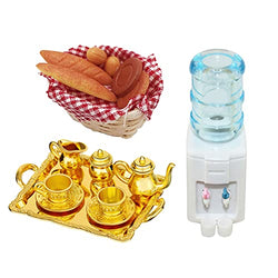 G0lden&Mang0 14Pcs Dollhouse Kitchen Set, 1Pc Mini Water Dispenser, 6Pcs Alloy Dollhouse Tea Cup Set, 7Pcs Bread and Basket for Kids Gift