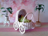 Miniature carriage, handmade wicker dollhouse pram. White trolley with mattress. 1/6 scale doll baby bed