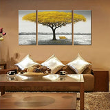 Winpeak Hand Painted Yellow Tree Modern Oil Painting Landscape Canvas Wall Art Abstract Picture Home Decoration Contemporary Artwork Framed Ready to Hang (48" W x 24" H (12"x24" x2pcs, 24"x24" x1pc))