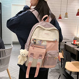 Cute Canvas Kawaii Backpack with Pins Pink Aesthetic Bag Fashion Shoulder Backpack with Hanging Bear Fancy College Bags Lightweight Travel Bag (Blue And Pink)