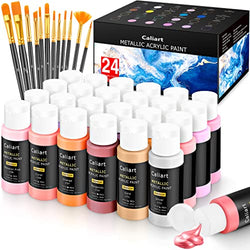 Caliart Metallic Acrylic Paint Set with 12 Brushes, 24 Metallic Colors (59ml, 2oz) Art Craft Paints for Artists Students Kids Beginners, Canvas Ceramic Wood Christmas Decorations Rock Painting Kit