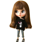 DoubleWood 1/6 Fashion Doll Clothing Handmade Casual Carton T-Shirt + Jeans/Pants Replacement for Blythe Doll, Dress Up Accessories Doll Clothes Compatible with Blythe ICY Pullip Doll (Black)
