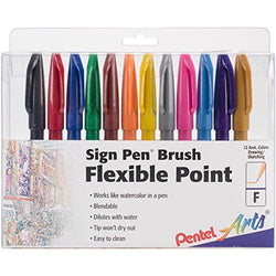 Pentel Arts Sign Pen Touch, Fude Brush Tip, 12 Assorted Colors in Marker Stand (SES15CPC12)