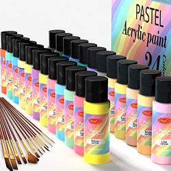 Pastel Acrylic Paint Set with 12 Brushes, 24 Pastel Colors (59ml, 2oz) Art Craft Paint for Artists Students Kids Beginners, Canvas Ceramic Wood Rock Painting Supplies Kit, Easter Decorations