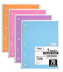 Mead Spiral Notebook 4 Pack of 1-Subject College Ruled, Pastel Color COLOR WILL VARY,  Spiral Bound Notebooks, Cute school Notebooks 70 Pages