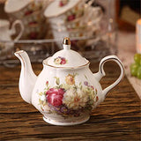 ufengke 15 Piece European Ceramic Tea Sets,China Coffee Set with Metal Holder, White and Red Rose Flower Painting