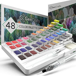 Watercolor Palette with Bonus Paper Pad by GenCrafts - Includes 48 Premium Colors - 2 Refillable Water Blending Brush Pens - No Mess Storage Case - 15 Sheets of Water Color Paper - Portable Painting