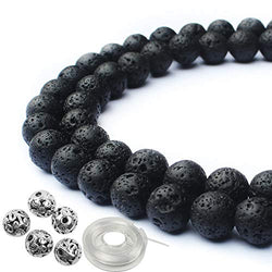 JPSOR 95Pcs 8mm Natural Round Volcanic Gemstone Beads Black Lava Stone Beads, 5Pcs 8mm Metal Beads,