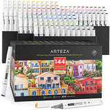 Arteza Alcohol Art Markers, Alcohol Markers Set of 144 Colors, Broad Chisel Tip and Fine Tip, Dual-sided Tips, Art Supplies for Sketching, Coloring, Illustrating, and Arts and Crafts