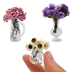 iLAND Miniature Dollhouse Accessories fits Barbie Furniture, Glass Vases w/ Dried Flowers Set for Dollhouse Furniture (Luxurious 3pcs)