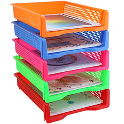 Zilpoo 5 Tier - Plastic Desk Letter Organizer Tray, Stackable Office Desktop Document Paper Storage, Front Load File Holder, Portrait, Assorted Colors