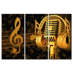 Biuteawal - Music Artistic Paintings Wall Art Gold Metal Microphone and Headset Note Picture Canvas Giclee Print Modern Home Studio Decor Stretched and Framed Ready to Hang