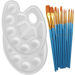 Heartybay 10Pieces Round Pointed Tip Nylon Hair Brush Set With 2 Piece Paint Tray Palette