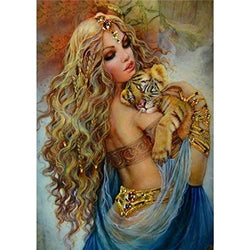 MXJSUA 5D DIY Diamond Painting by Number Kit Round Dril Beads Crystal Rhinestone Picture Supplies Arts Craft Wall Sticker Decor Tiger and Long Hair Beauty 12x16In